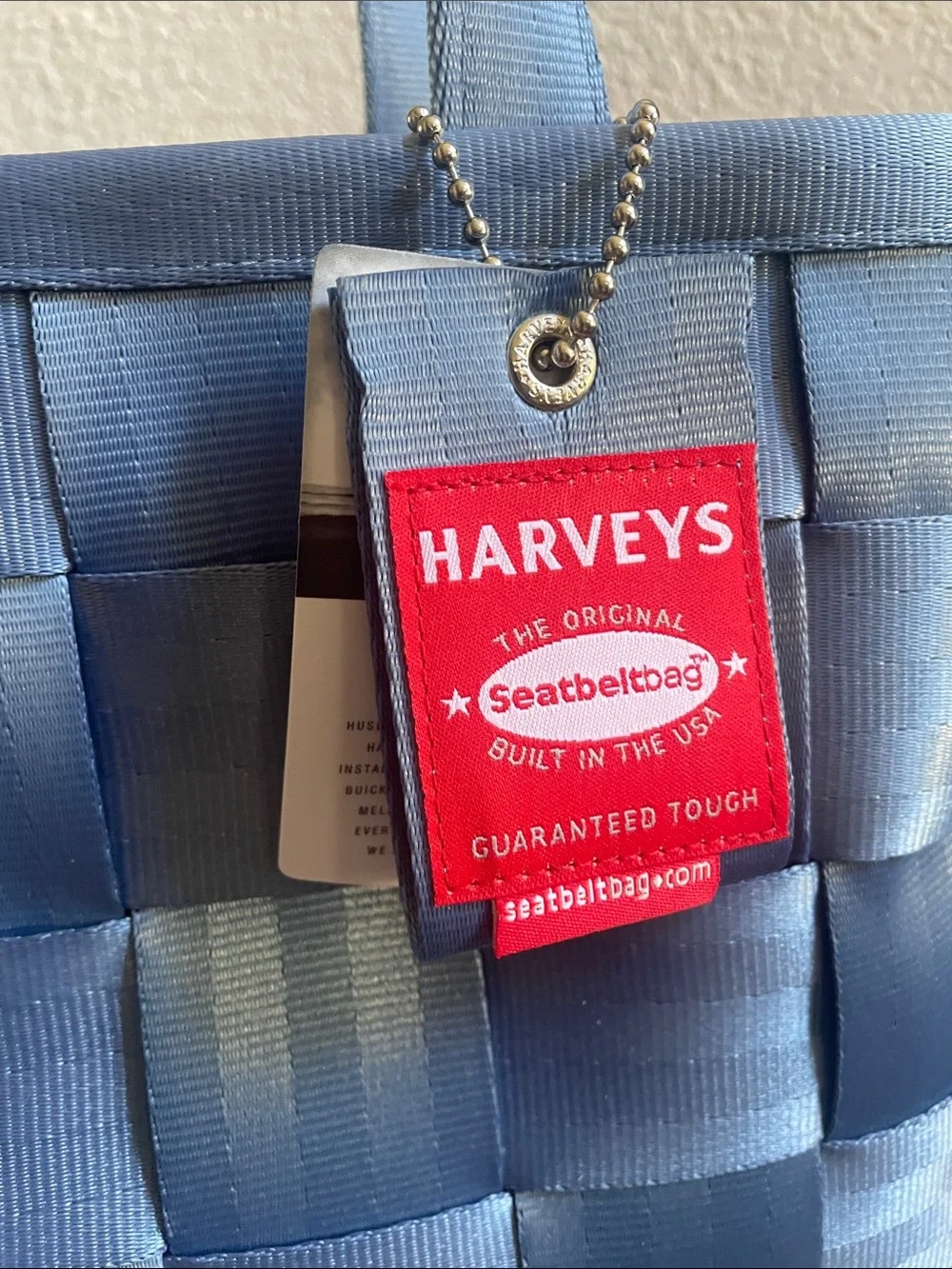 Harveys Denim Light Blue Woven Tote Bag with Red Tag